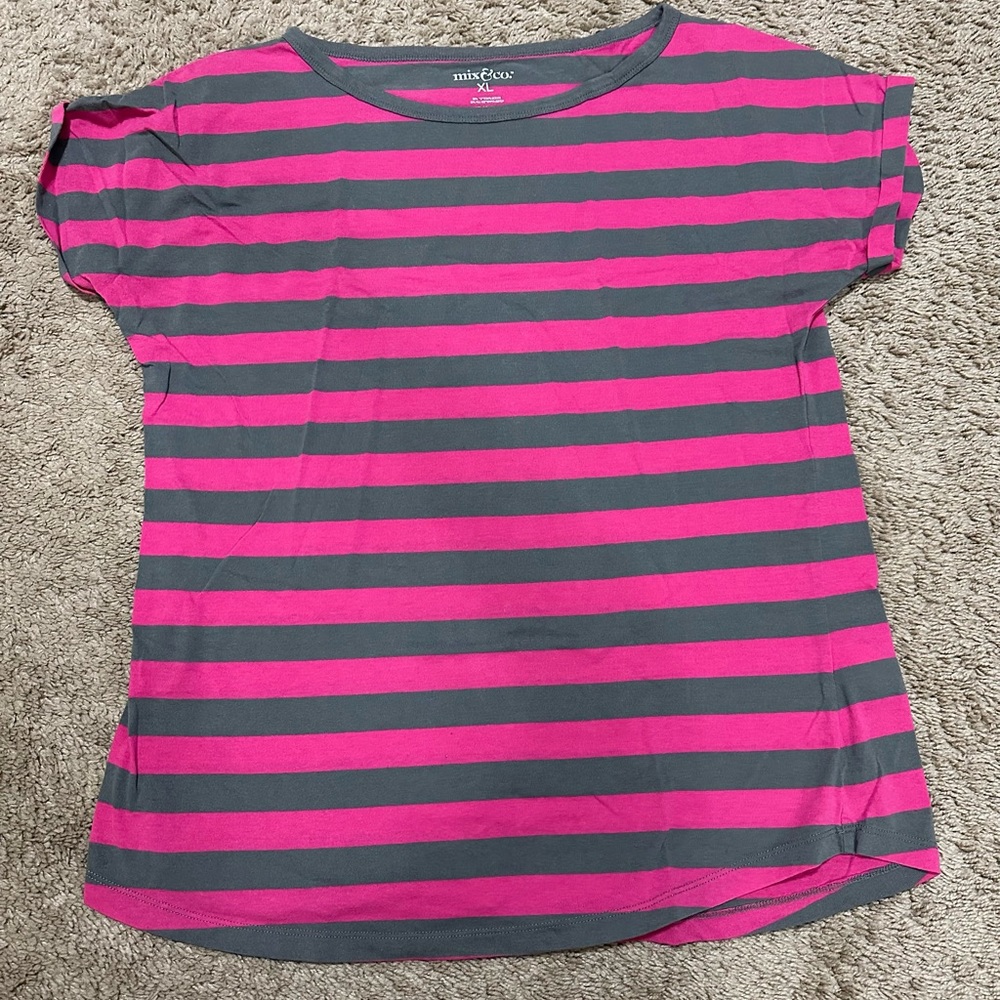 Pink and Gray Short Sleeve Tee with Stripes A-6
